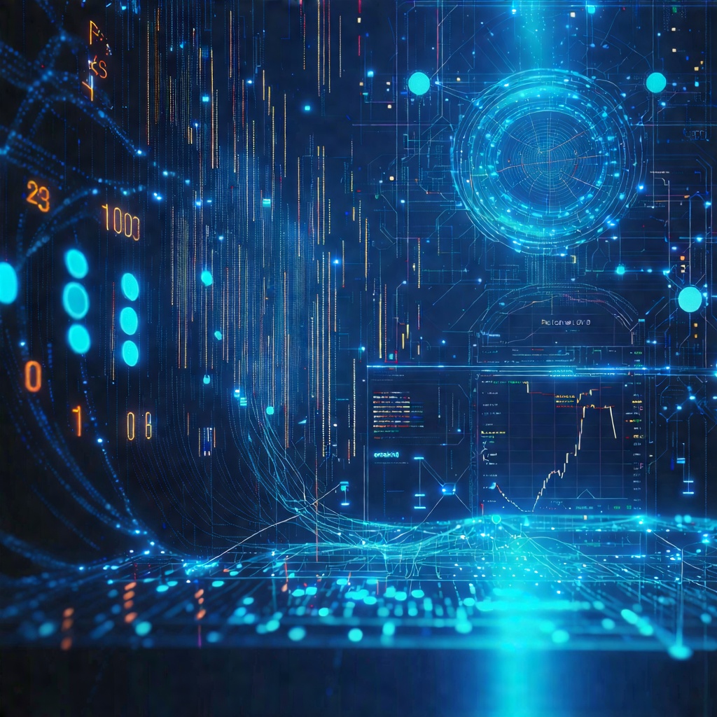 그래프와 코드가 떠 있는 고급 데이터 시각화 인터페이스