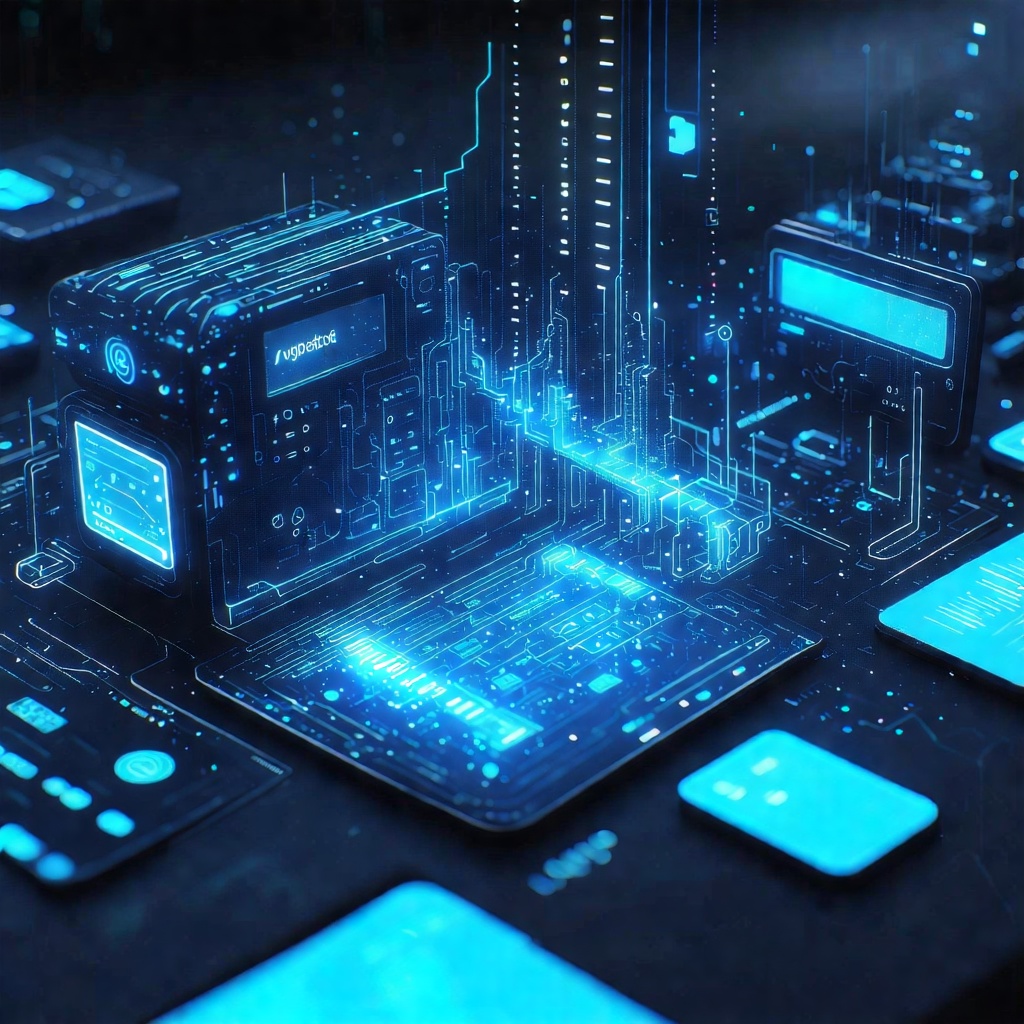 푸른빛으로 빛나는 데이터 서버와 전자 회로 도시