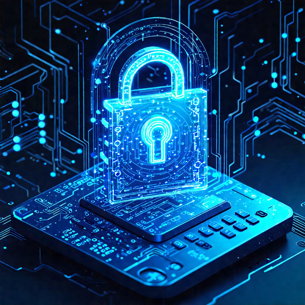 회로 위에 홀로그램 자물쇠가 떠 있는 사이버 보안 이미지