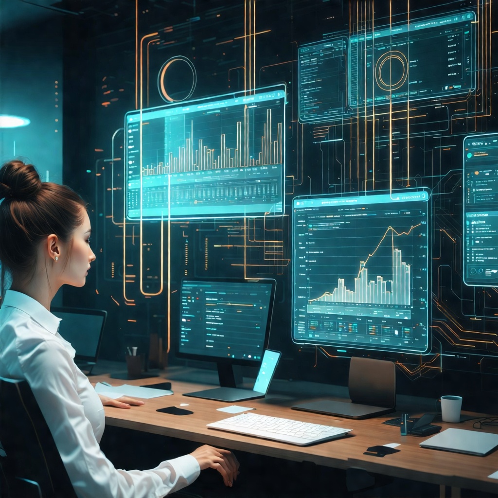 데이터 분석 그래프를 모니터링 중인 여성 전문가