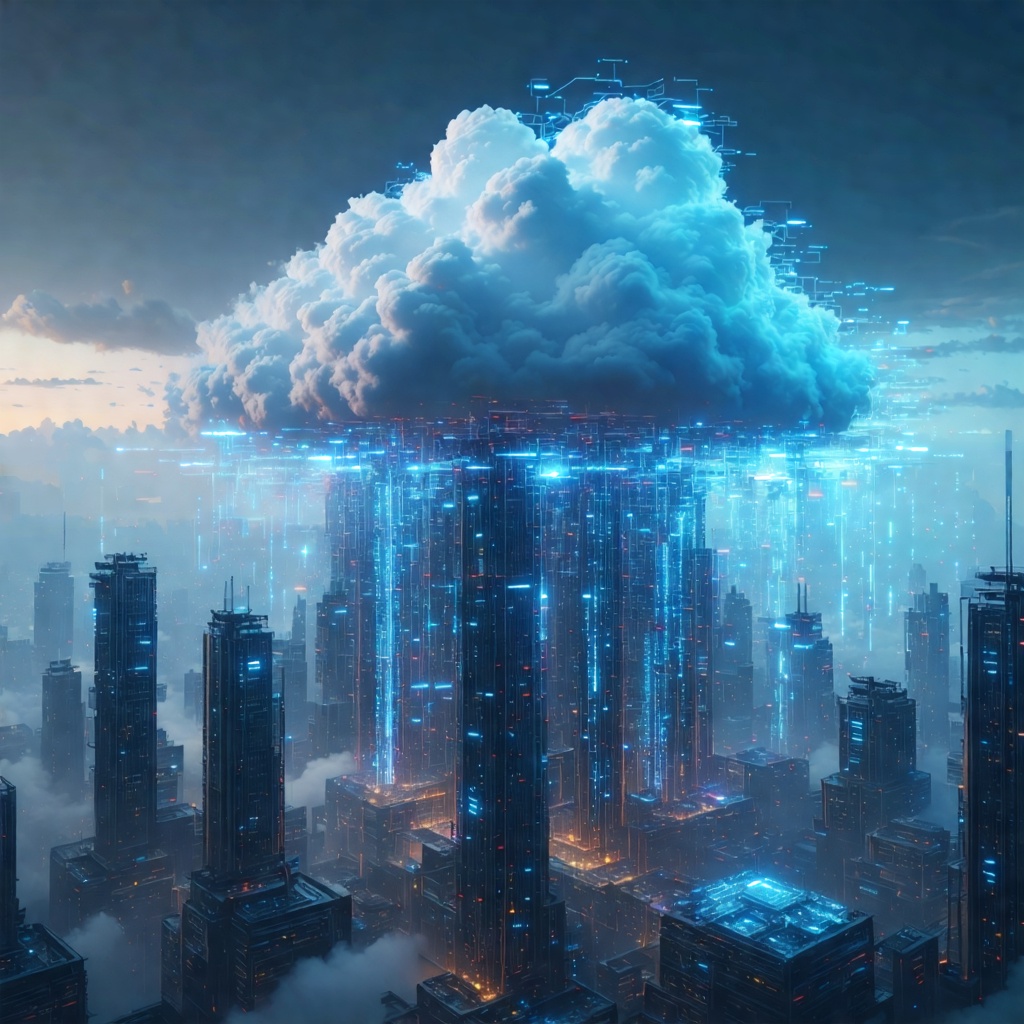 클라우드 컴퓨팅을 상징하는 미래형 도시 위의 거대한 구름