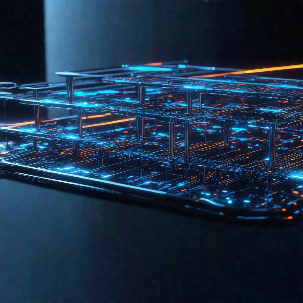 네온빛으로 구성된 입체적 데이터 회로 구조