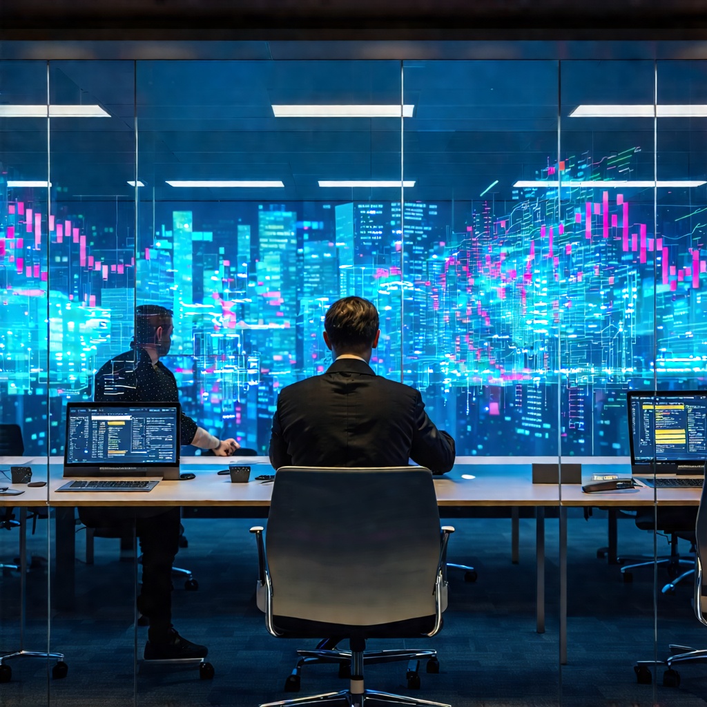대형 데이터 그래프 앞에서 회의 중인 금융 분석가들
