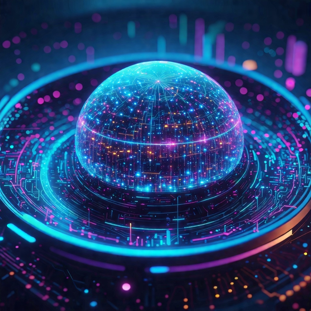 빛나는 구형 에너지 코어를 형상화한 디지털 홀로그램