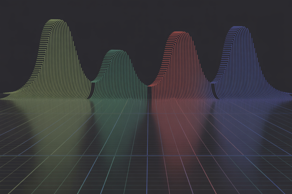 여러 색상의 파형이 겹쳐진 3D 데이터 분포 그래프