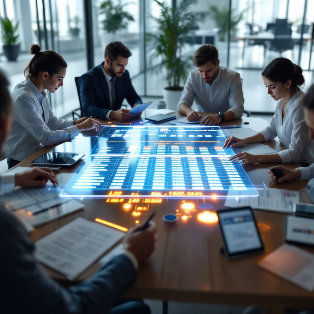 회의 중 전문가들이 홀로그램 데이터 테이블을 분석하는 장면