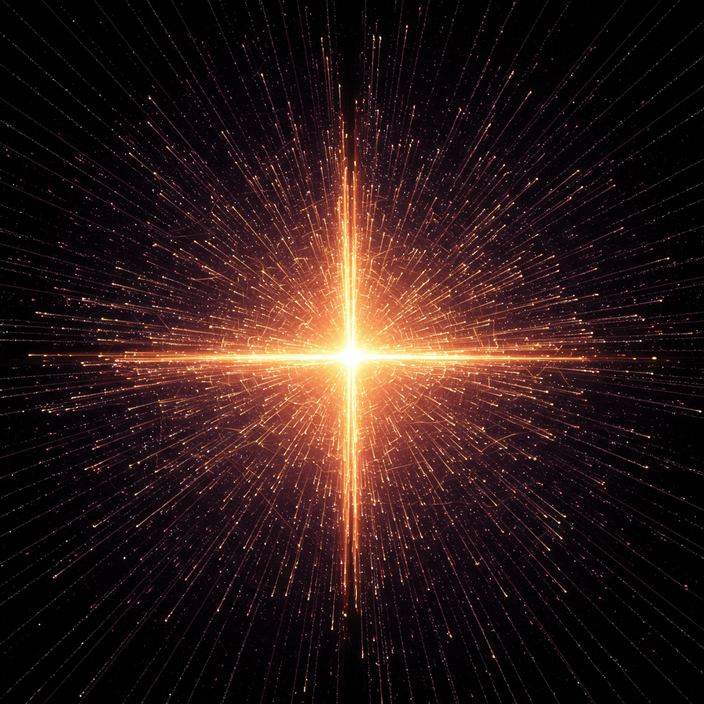 폭발적인 빛의 중심에서 방사되는 황금색 에너지 패턴