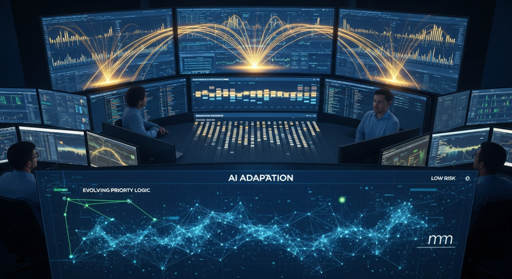 AI 데이터 흐름을 모니터링하는 분석 센터의 대시보드 화면