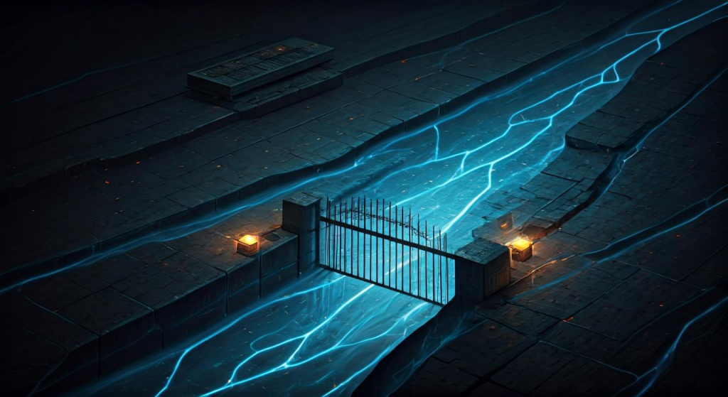 푸른 에너지처럼 흐르는 강 위에 놓인 금속 울타리 게이트