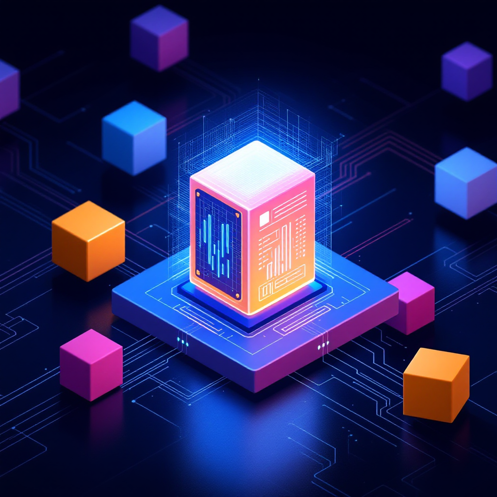 네온빛 큐브가 중앙 장치 위에서 데이터 모듈처럼 표현된 장면