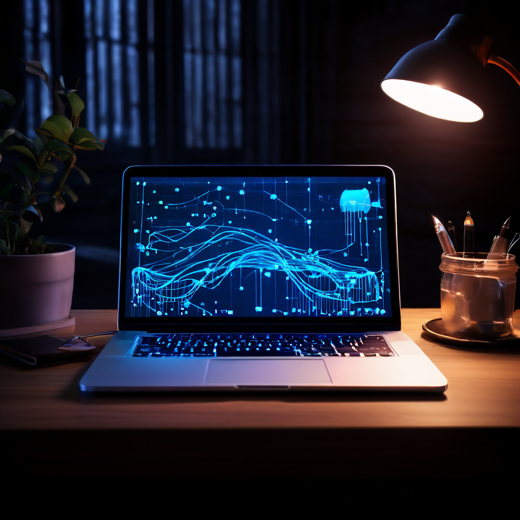 검정색 책상 위에 놓인 맥북이 잠들어 있으며, 그 위로 푸른 빛의 데이터 선과 물음표가 떠다니는 모습이다.