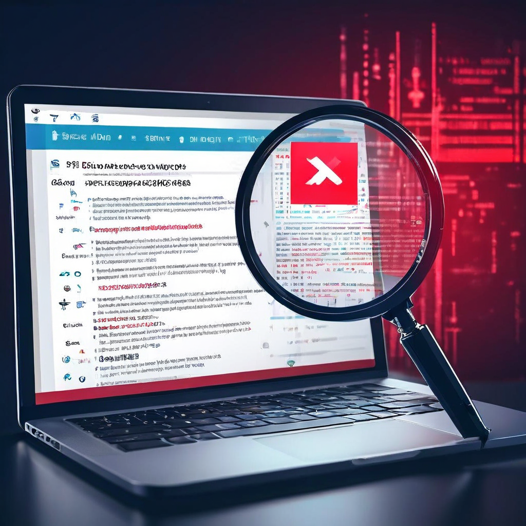 확대경 아래 웹사이트 코드에 빨간 X 표시로 팝업 광고 스크립트가 차단된 모습이다.