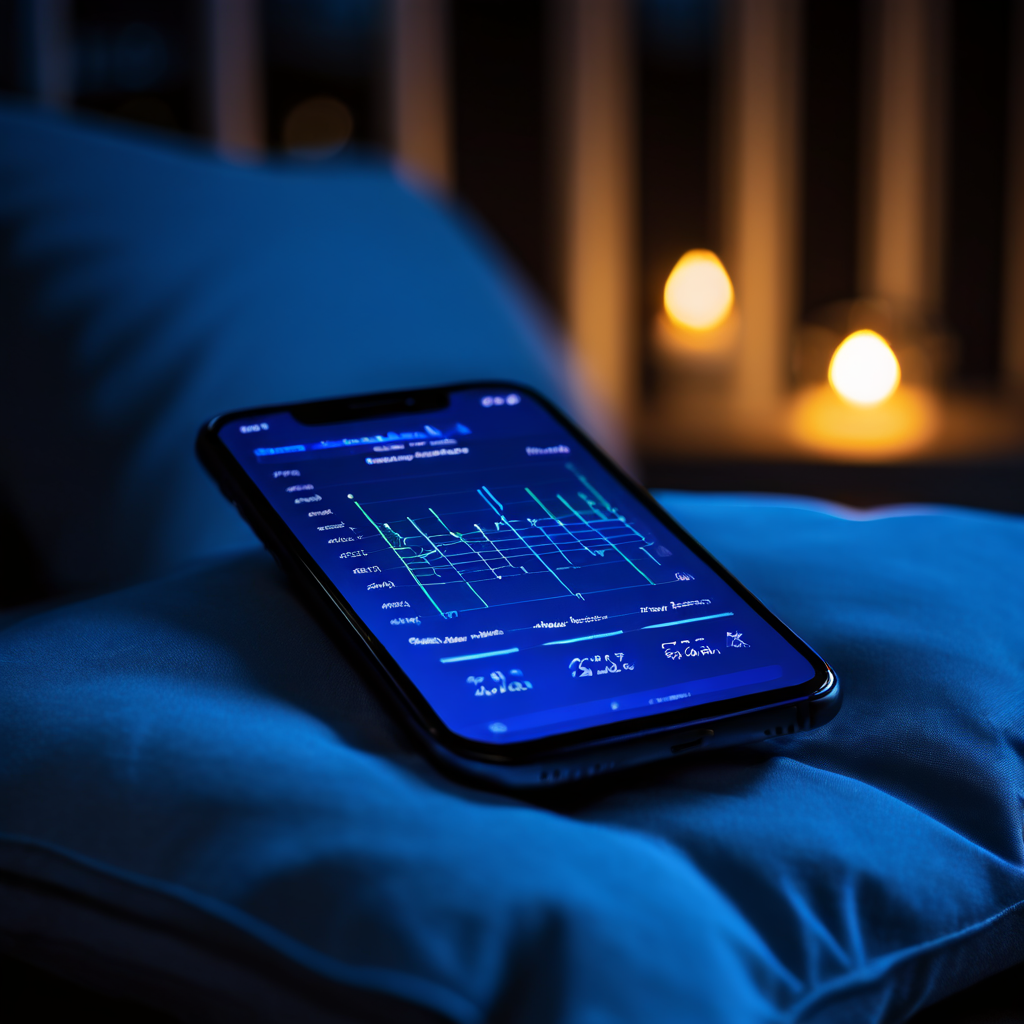 밤중에 베개 위에 놓인 스마트폰 화면에는 배터리 소모 그래프가 표시되어 있습니다.