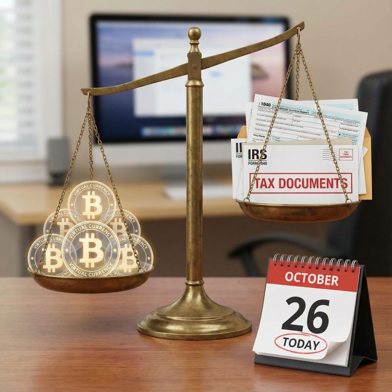 현재 날짜가 표시된 달력 옆에 가상 화폐와 세금 서류가 각각 올려진 저울의 균형을 맞추는 모습입니다.