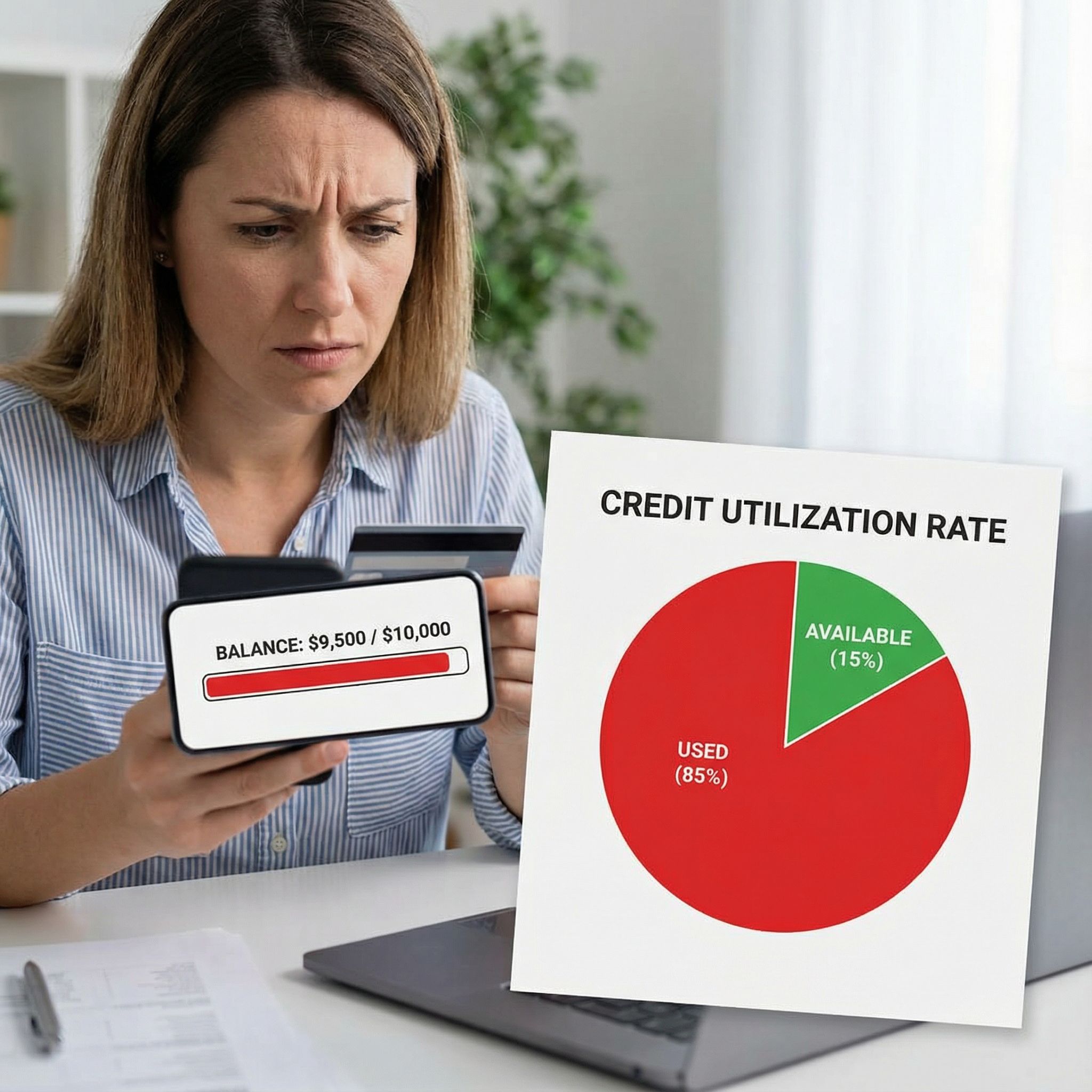 빨간색이 대부분을 차지하는 원형 그래프 옆에서, 한 사람이 거의 다 쓴 신용카드를 들고 걱정스러운 표정을 짓고 있다.