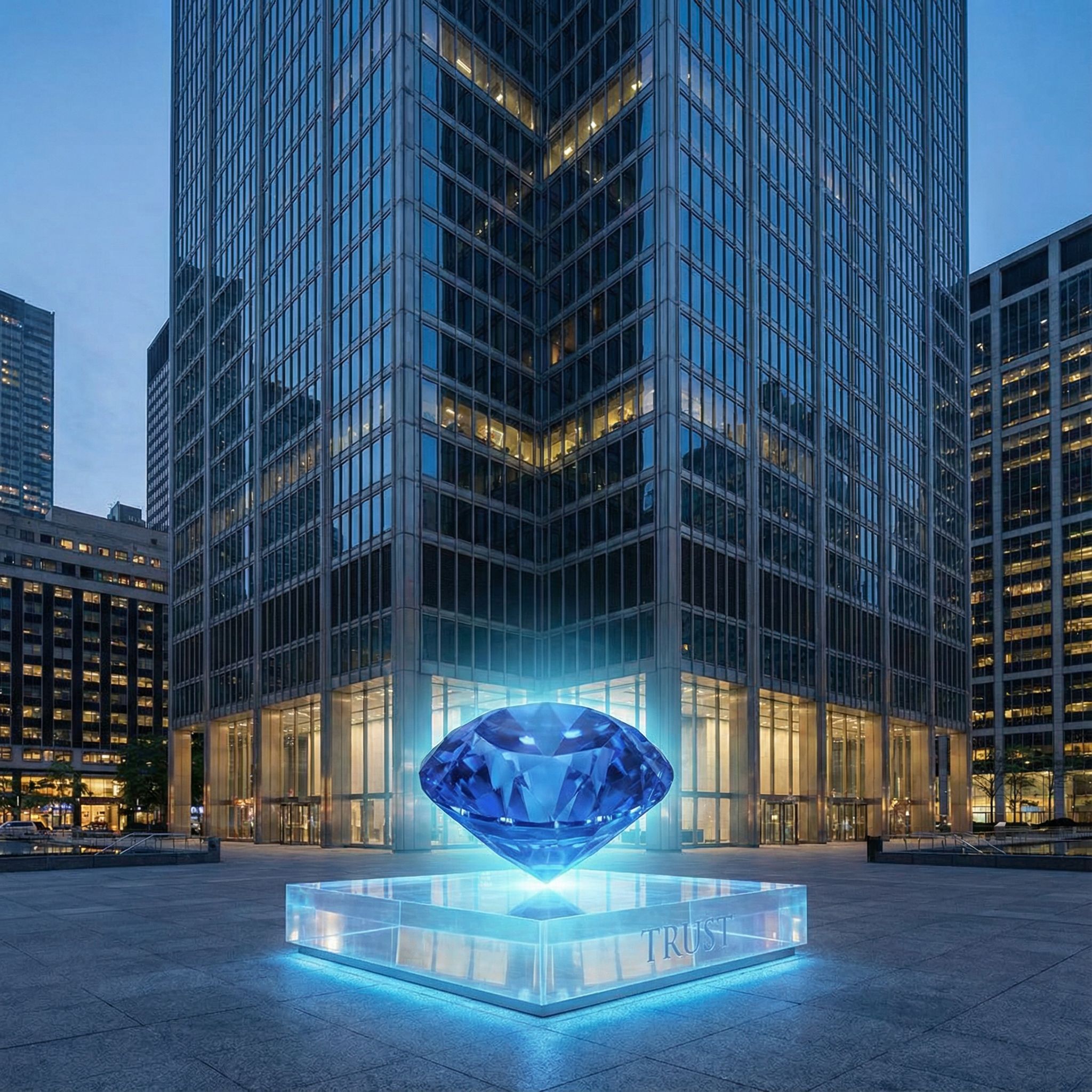 푸른 보석이 빛을 내며 기업용 고층 빌딩의 토대를 이루고 있습니다.