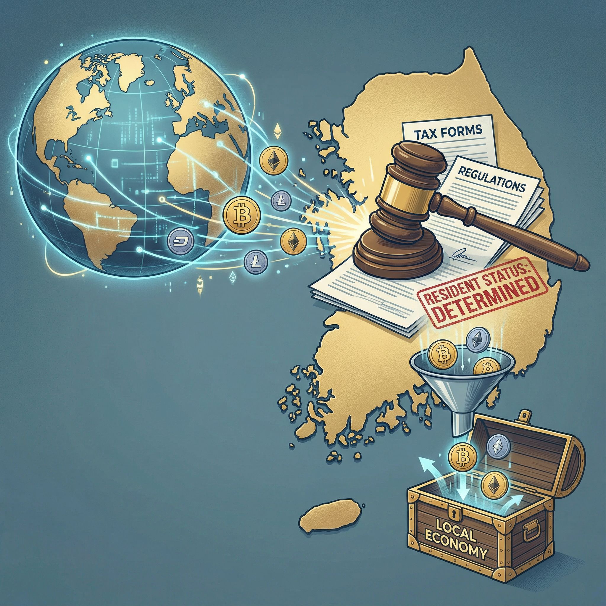 지구본에서 흘러나온 가상화폐 기호들이 대한민국으로 흘러들어가며, 재판장의 법봉과 세금 서류가 주민등록 표시에 따라 그 흐름을 결정하는 모습이다.