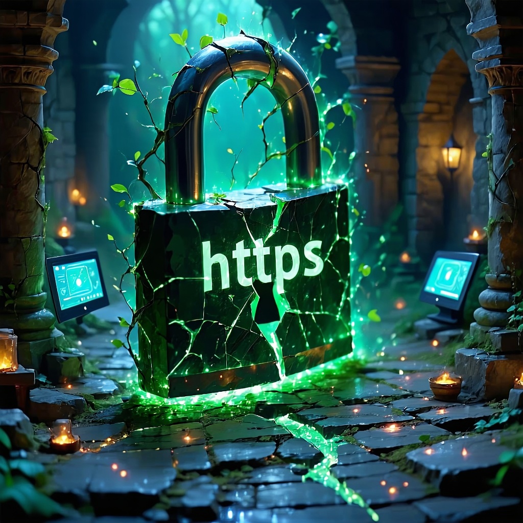 초록빛 에너지가 새어 나오는 깨진 HTTPS 자물쇠가 고대 유적 같은 공간 안에서 경고 신호를 나타내는 이미지
