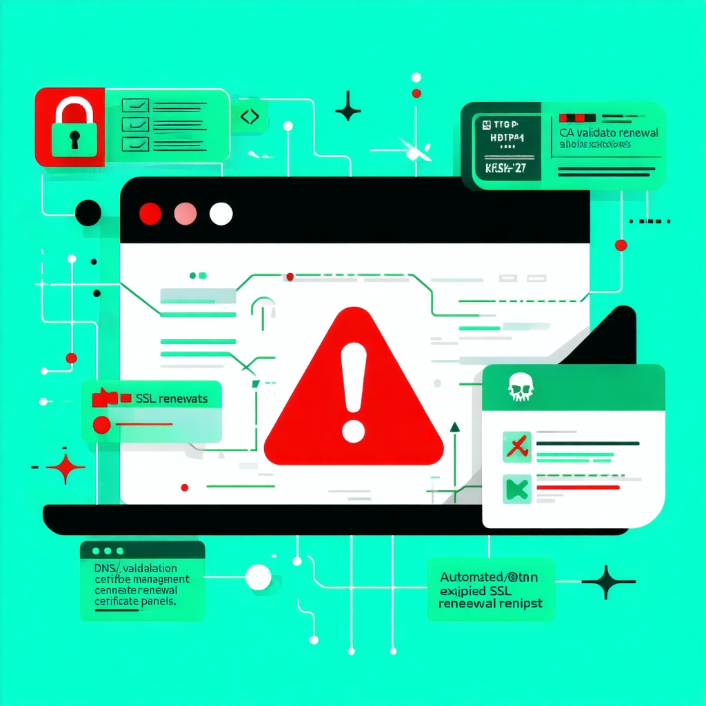 만료된 SSL 인증서로 인해 경고 표시가 뜬 웹 보안 오류 화면을 설명하는 일러스트