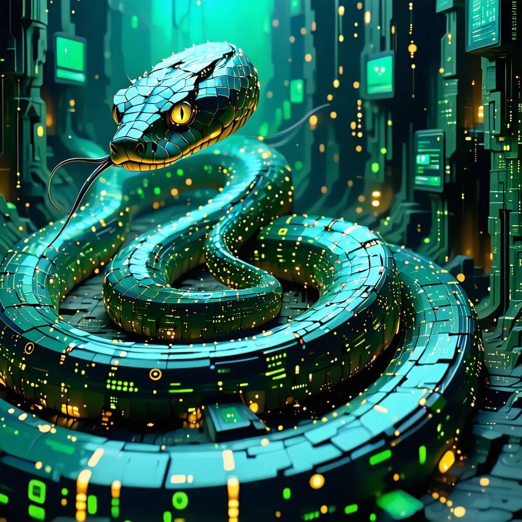 디지털 회로 패턴으로 구성된 사이버 뱀이 어두운 기술 공간 속에서 빛을 내는 모습