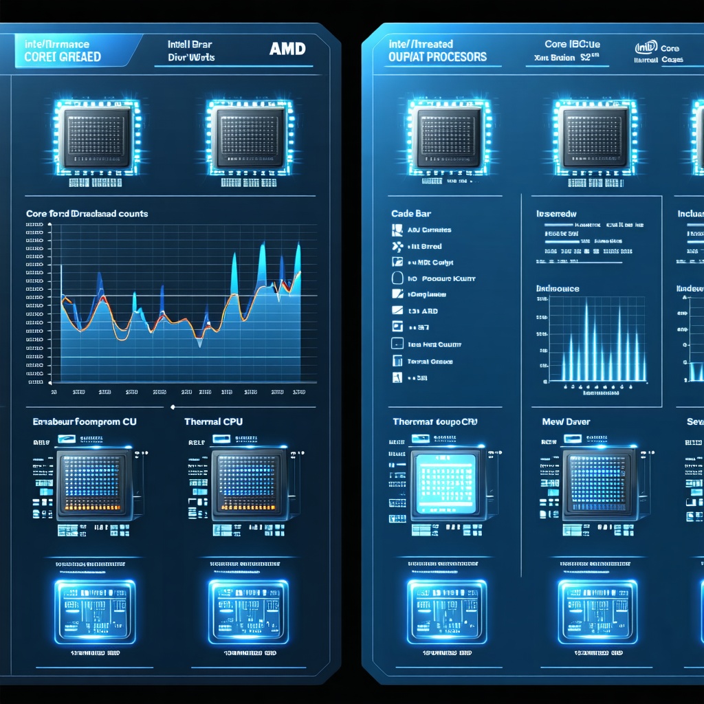 인텔과 AMD 프로세서 성능을 비교하는 대시보드 그래픽으로, 코어 그래프와 온도·스레드 분석 데이터가 시각화된 기술 이미지