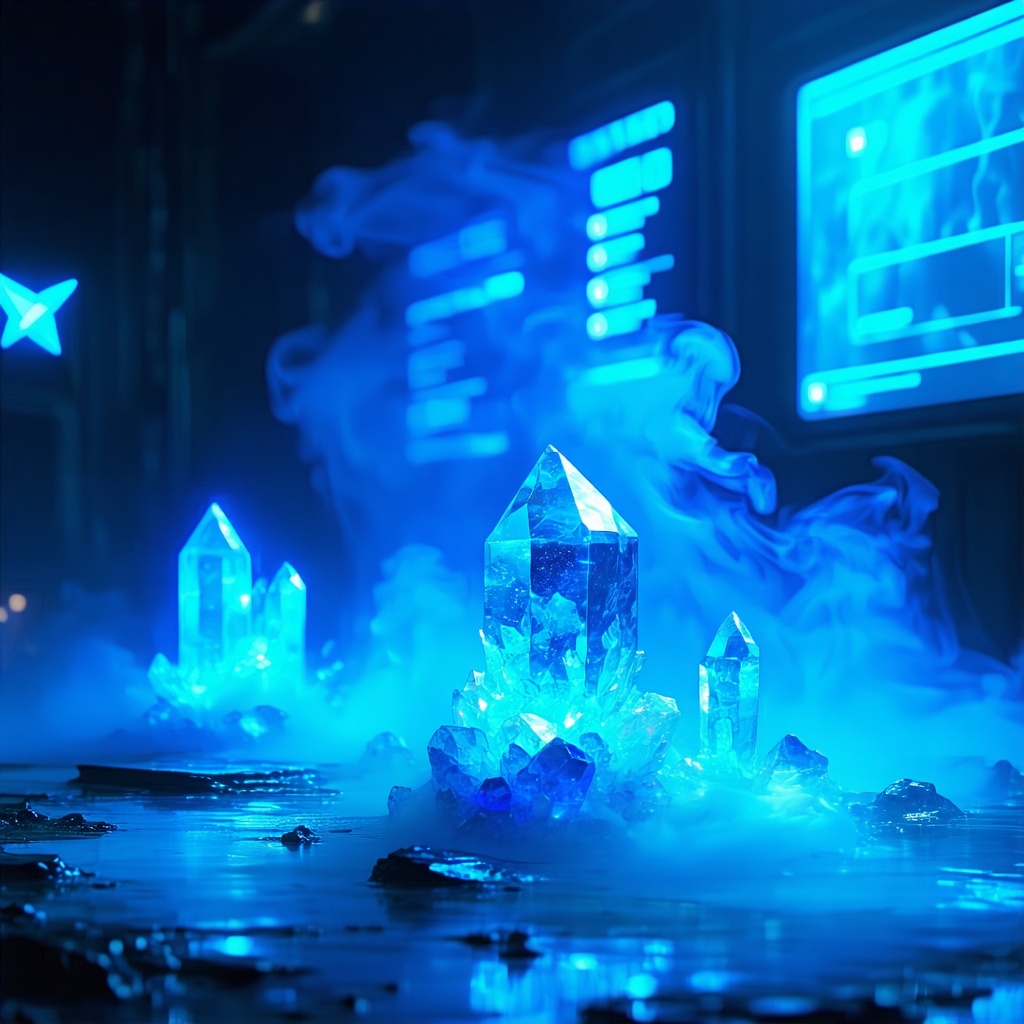푸른 빛을 내뿜는 수정 결정들이 연기 속에서 반짝이며 실험실 화면과 함께 분위기를 만드는 이미지