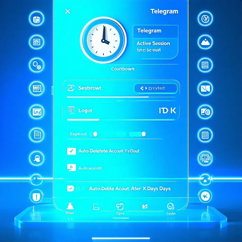텔레그램 보안 설정 화면으로, 자동 계정 삭제 타이머와 활성 세션 관리 기능이 강조된 푸른색 인터페이스