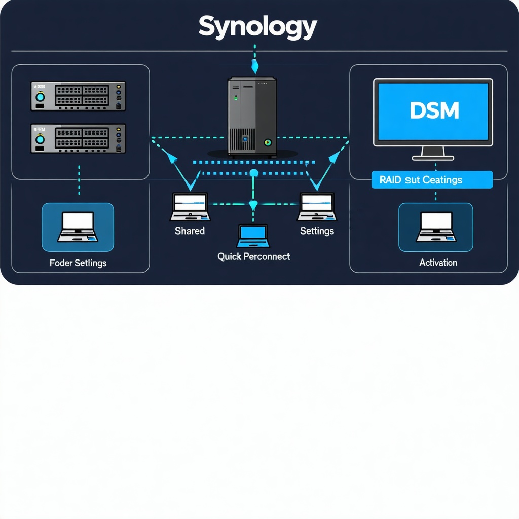 Synology NAS 연결 구조를 보여주는 다이어그램으로, DSM 관리 화면과 폴더 설정, 공유 폴더, 빠른 연결 기능이 포함된 네트워크 구성 이미지