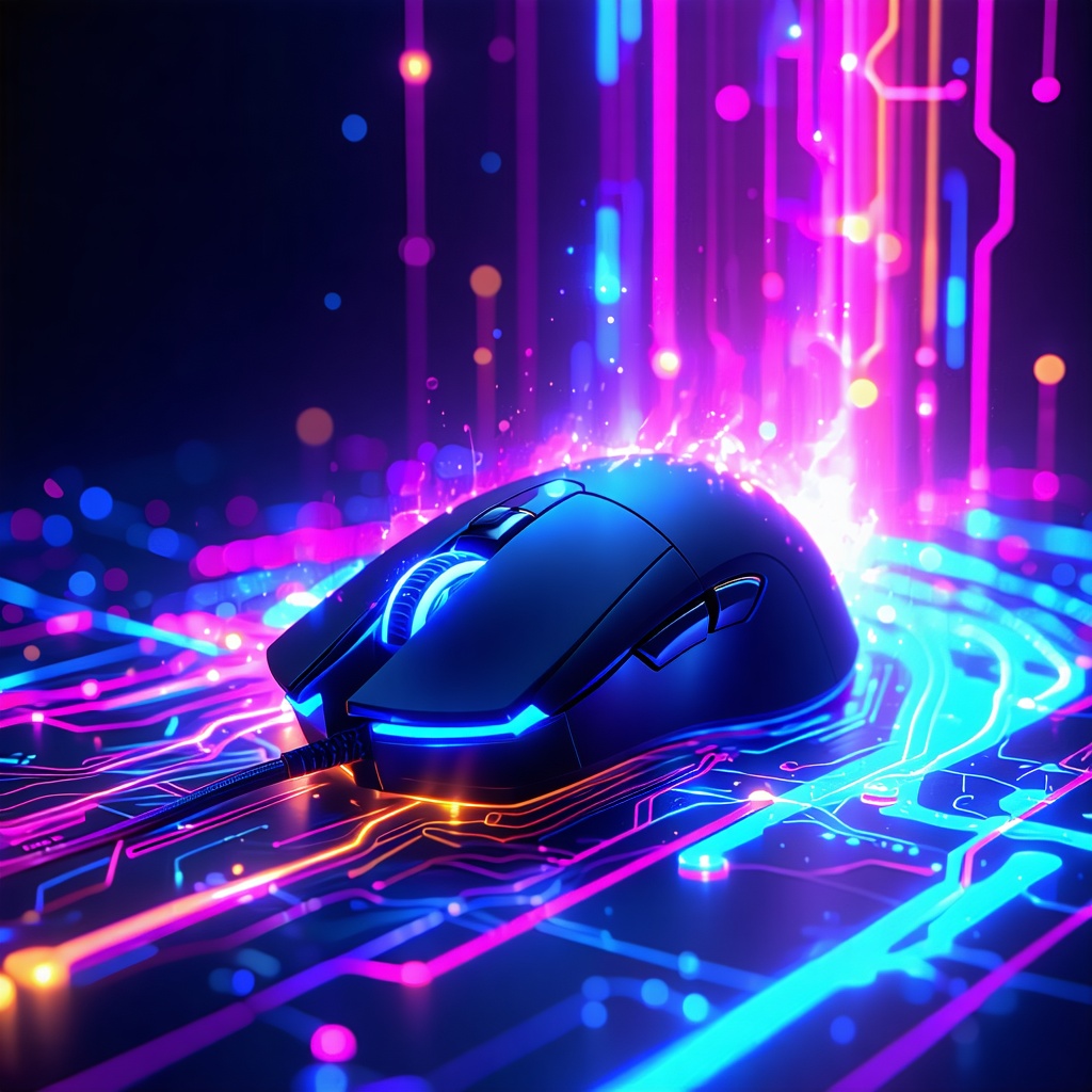 형형색색의 네온 회로 위에서 빛을 발하는 게이밍 마우스를 강조한 사이버 감성 이미지