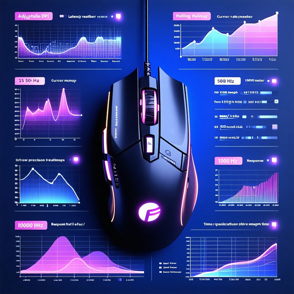 게이밍 마우스 성능을 분석하는 DPI·폴링레이트 그래프와 반응 속도 데이터를 함께 표현한 기술 시각화 이미지