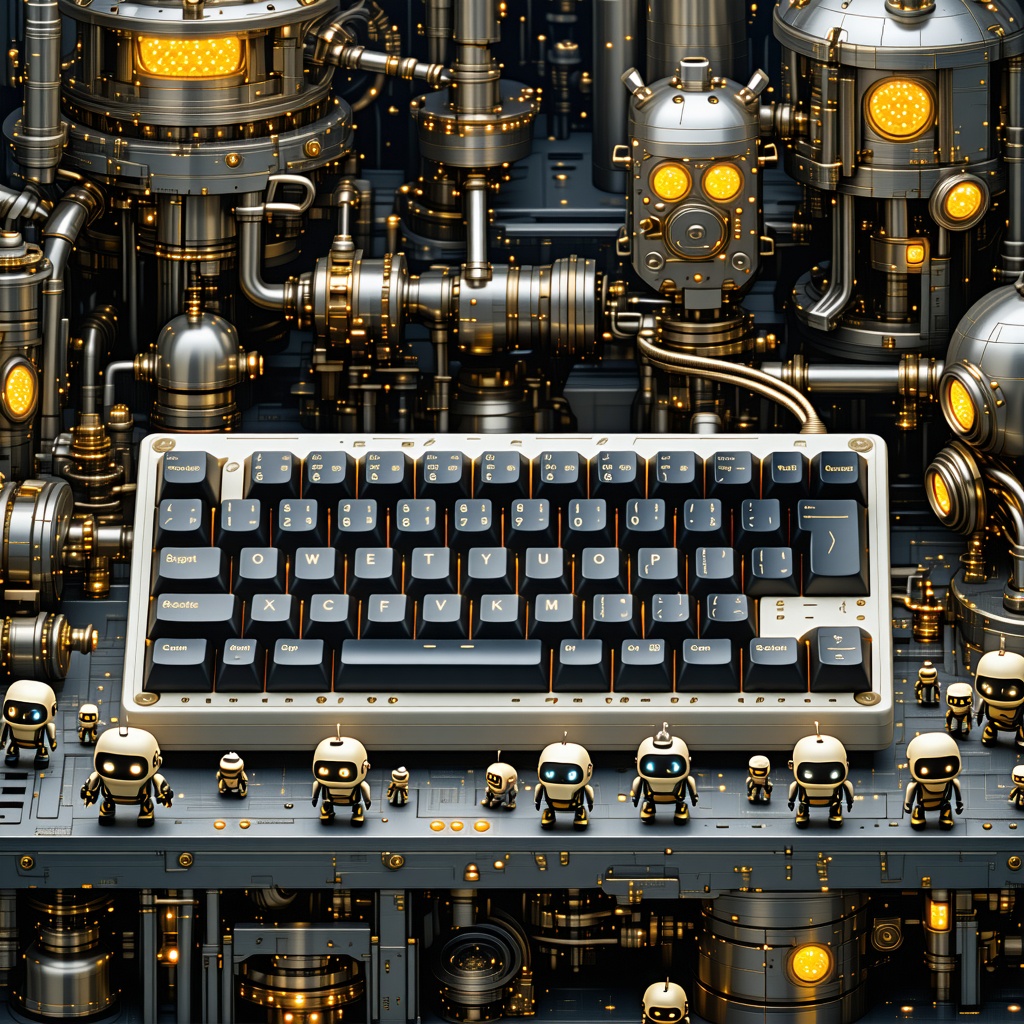 스팀펑크 스타일의 기계 장치 사이에 놓인 기계식 키보드와 주위를 둘러싼 작은 로봇들이 연출된 일러스트