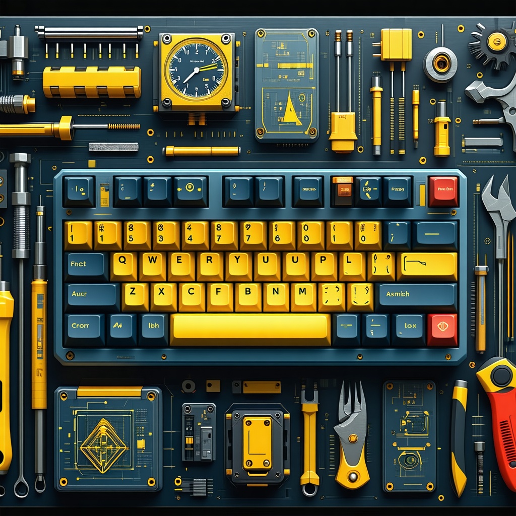 기계식 키보드와 다양한 수리 도구들이 정렬된 모습으로, 키보드 커스터마이징 작업 환경을 보여주는 이미지
