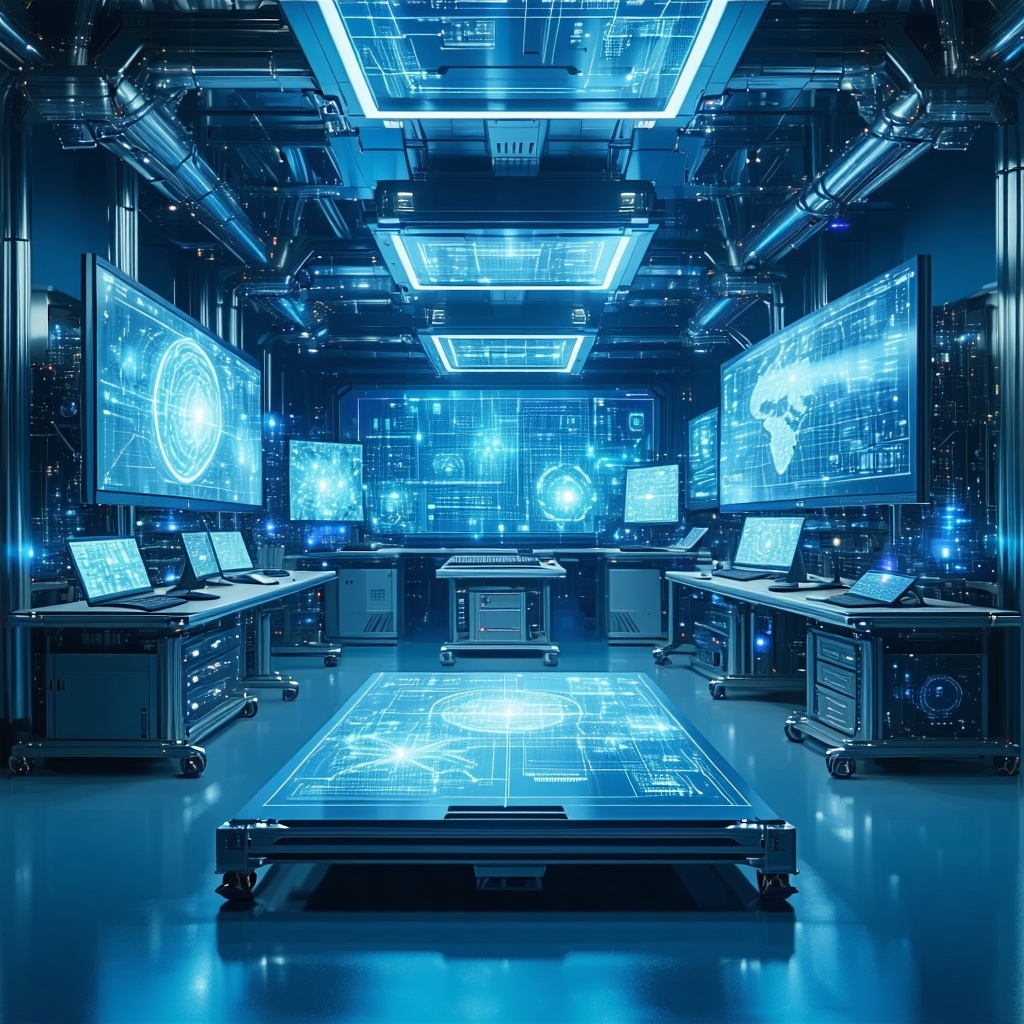 대형 스크린과 홀로그램 데이터가 가득한 미래형 통제실에서 고성능 컴퓨터로 분석 작업을 진행하는 모습