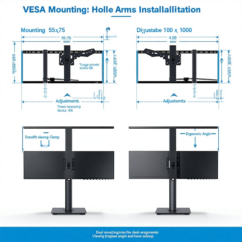 VESA 규격 모니터 암 설치 방법과 조절 범위를 나타낸 도면 스타일의 설치 안내 이미지