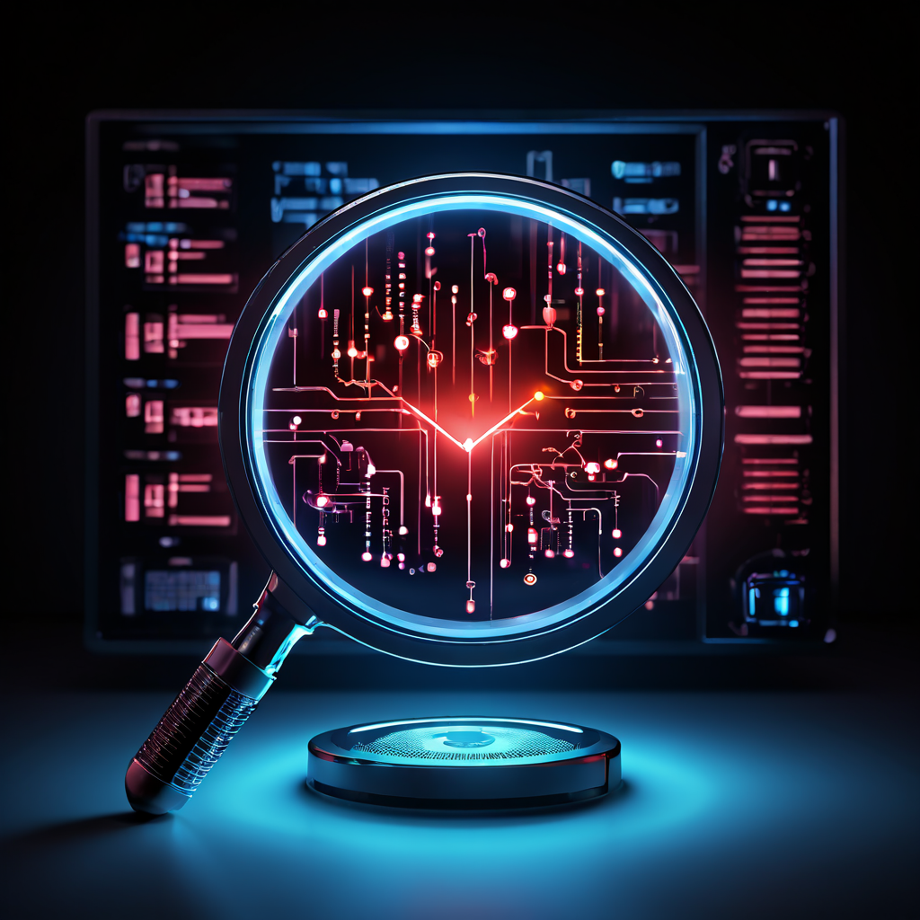 확대경 아래 작동 중인 서버가 보이며, 동기화 화살표와 토글 스위치가 푸른 빛을 내고 있습니다.