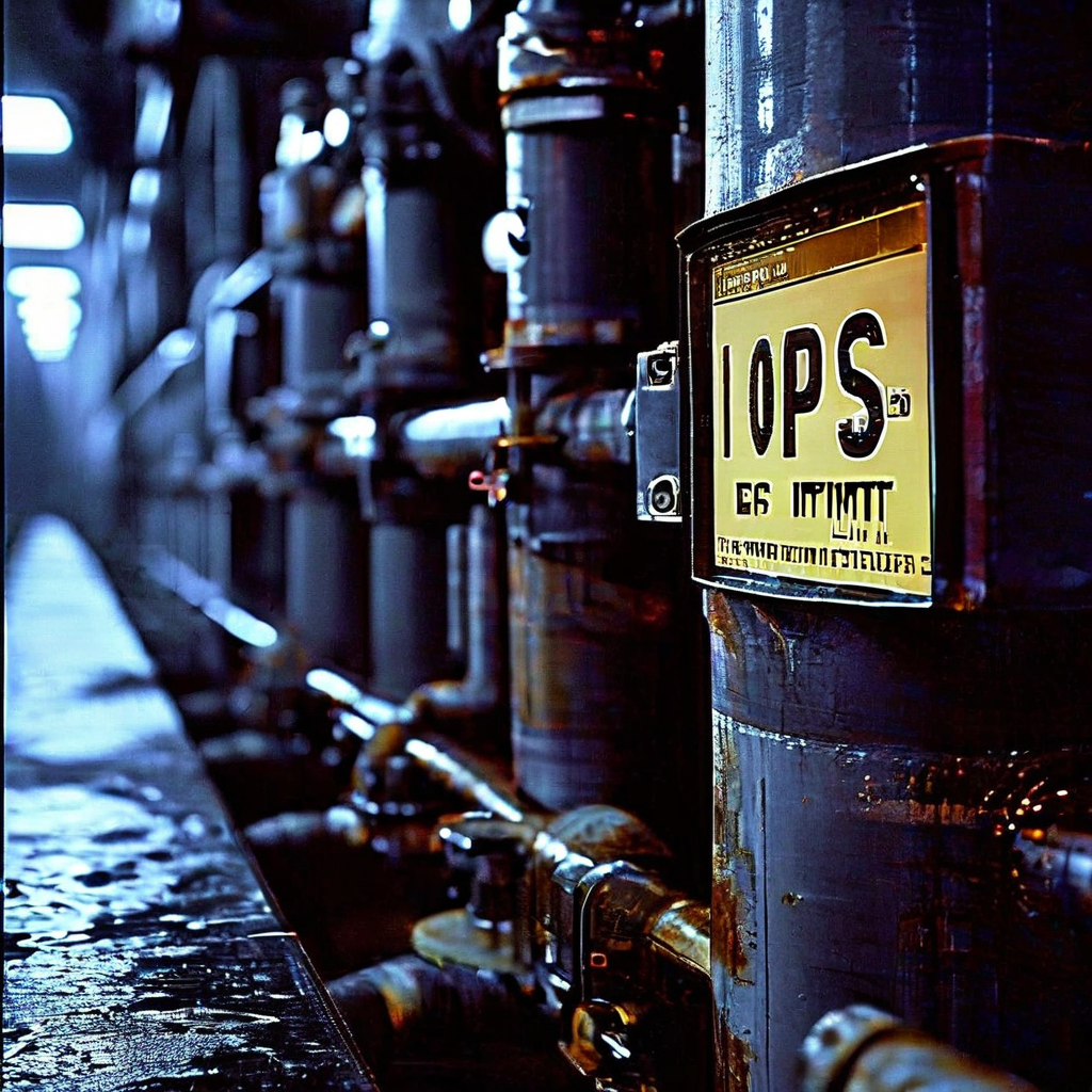 파이프에 막혀 밀집된 데이터 패킷과 IOPS 한계를 나타내는 게이지로 컴퓨터 병목 현상을 표현한 이미지입니다.