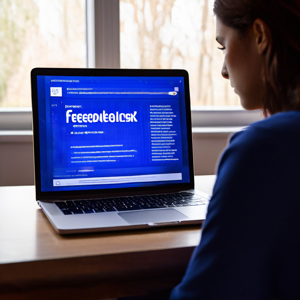 회색 배경 앞에서 노트북 화면의 페이스북 개인정보 설정 페이지를 보며 걱정과 혼란스러운 표정을 짓고 있는 사람의 모습이다.