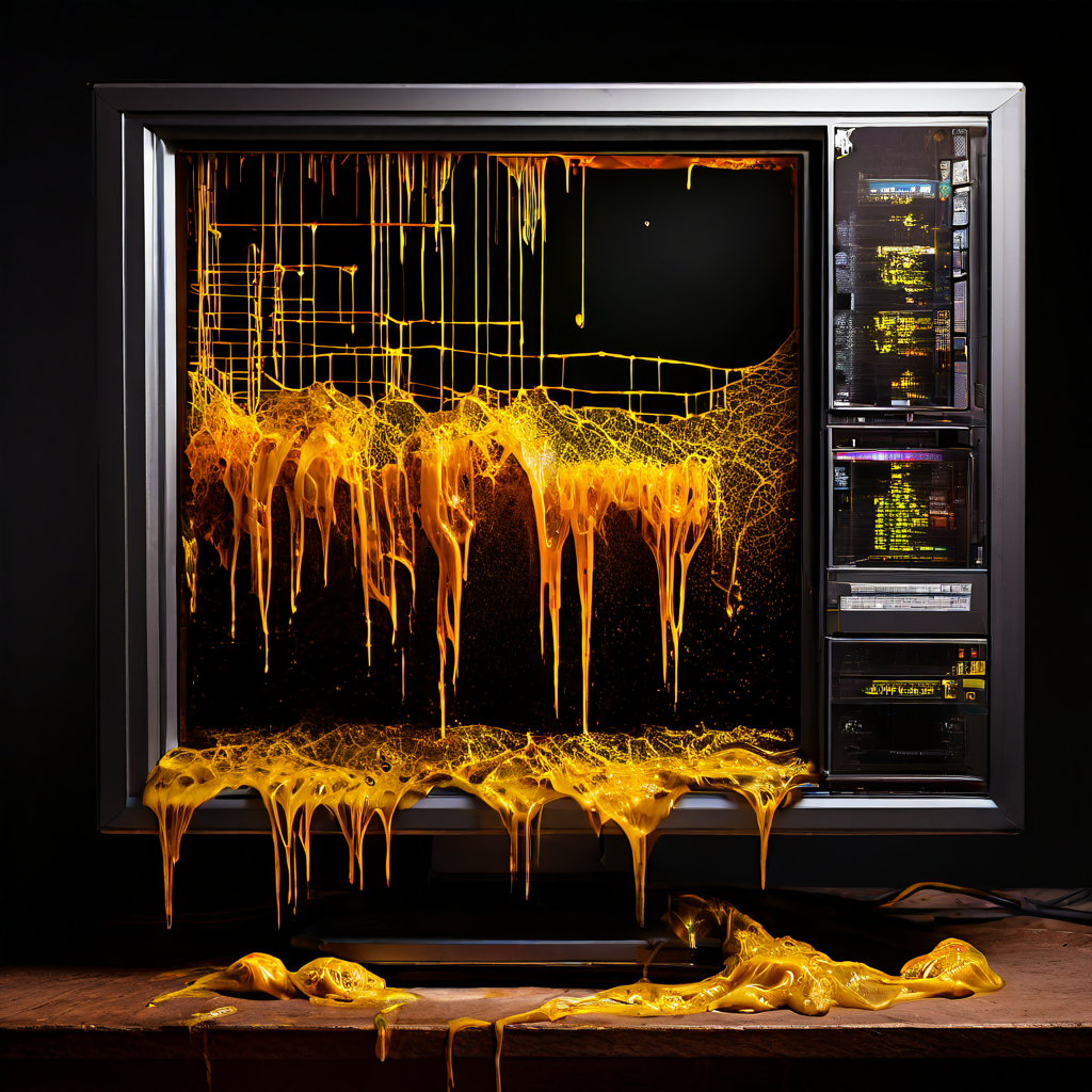느린 로딩 속도를 시각적으로 표현한 이미지로, 컴퓨터 모니터에 진행률 표시줄이 정체된 상태에서 내부 부품이 두꺼운 당밀과 디지털 거미줄로 가득 찬 모습을 보여줍니다.