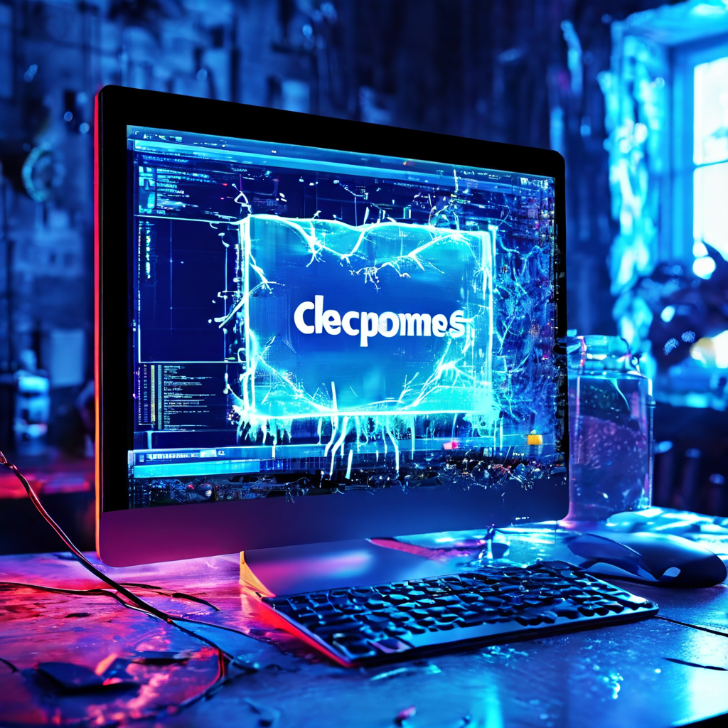 로딩 심볼이 멈춘 컴퓨터 모니터에 디지털 글리치 효과가 깜빡이며 ‘증상 확인’ 팝업 창이 떠 있는 모습이다.