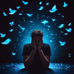 어두운 공허 속으로 빈 트위터 새 아이콘이 흩어지는 가운데, 빈 휴대폰 화면을 바라보며 좌절한 표정을 짓고 있는 사람의 모습이다.