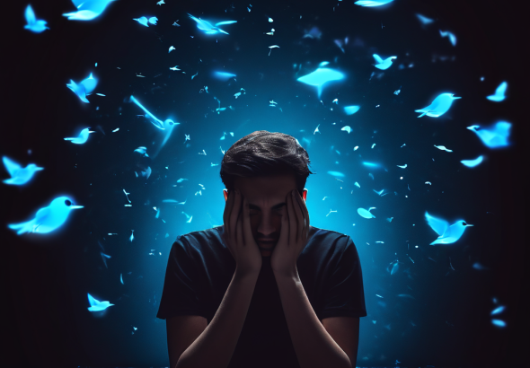 어두운 공허 속으로 빈 트위터 새 아이콘이 흩어지는 가운데, 빈 휴대폰 화면을 바라보며 좌절한 표정을 짓고 있는 사람의 모습이다.