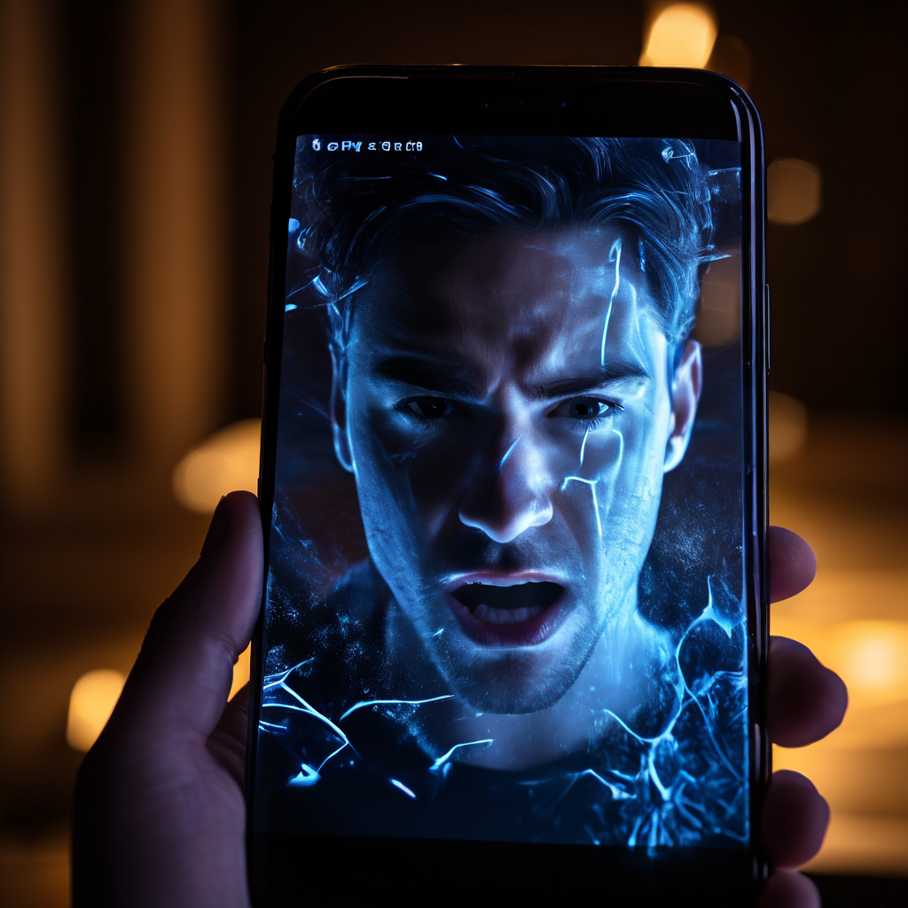 스마트폰 화면에서 로딩 아이콘이 멈춘 채 길게 찌그러진 그림자를 드리우며, 이로 인해 답답함을 느끼는 사용자의 표정이 선명하게 포착된 모습을 보여줍니다.