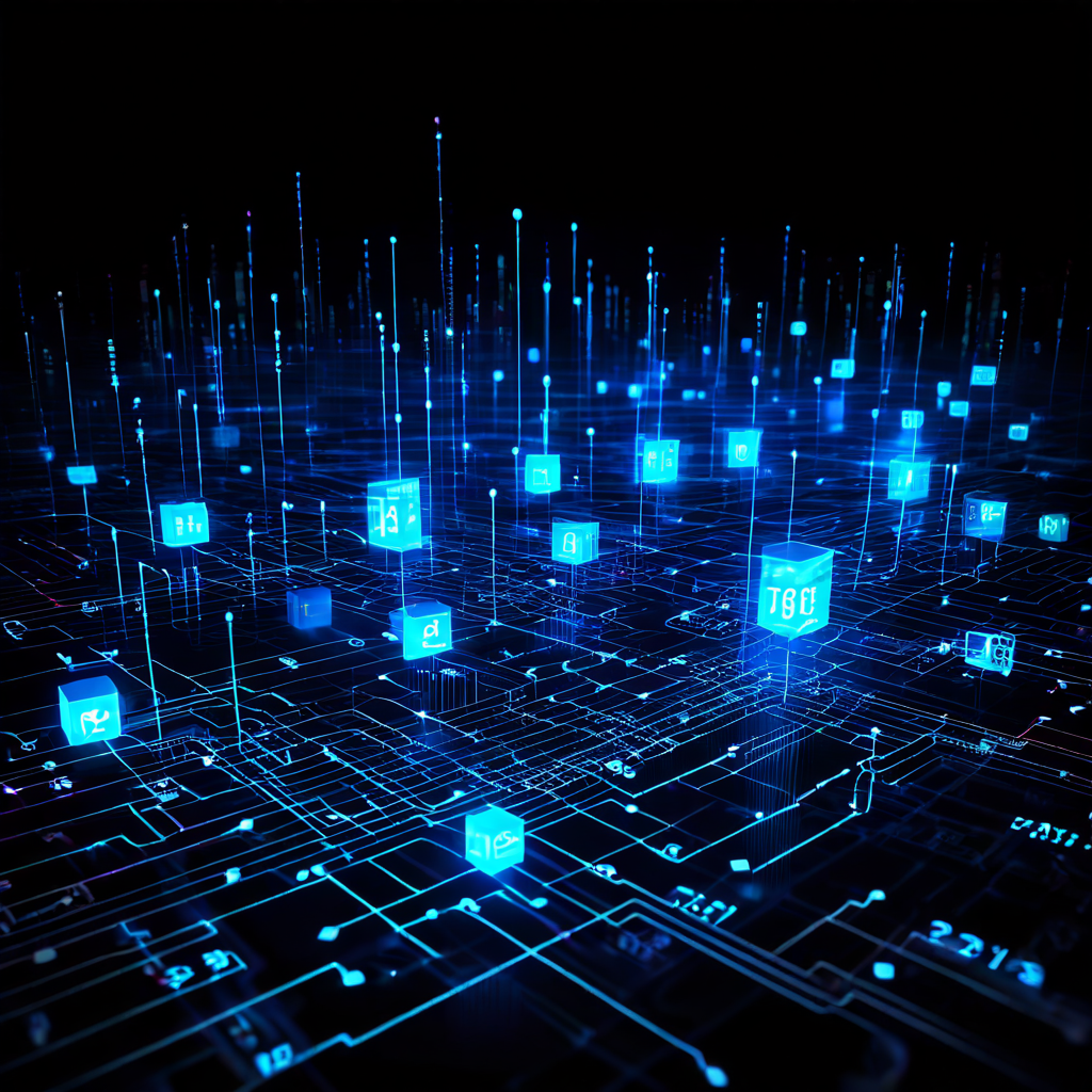 디지털 네트워크 다이어그램에서 중복된 ID 번호가 충돌하며 발생하는 시스템 오류와 시각적 정전 현상을 보여주는 이미지입니다.