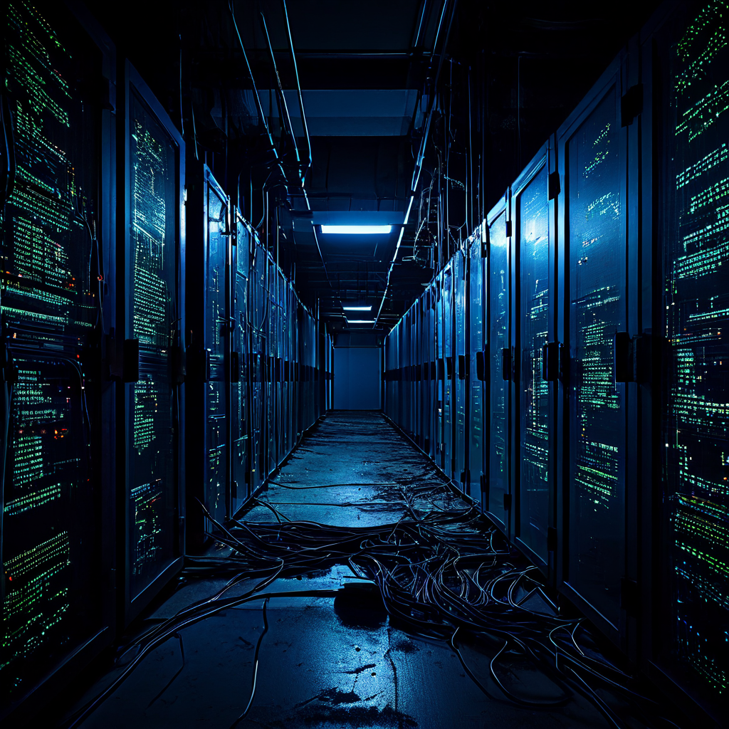 서버 실패나 오류 없이 정상적으로 종료되는 컴퓨터 프로세스를 어두운 서버실 배경에서 사라지는 단일 실행 스레드로 상징적으로 표현한 이미지입니다.