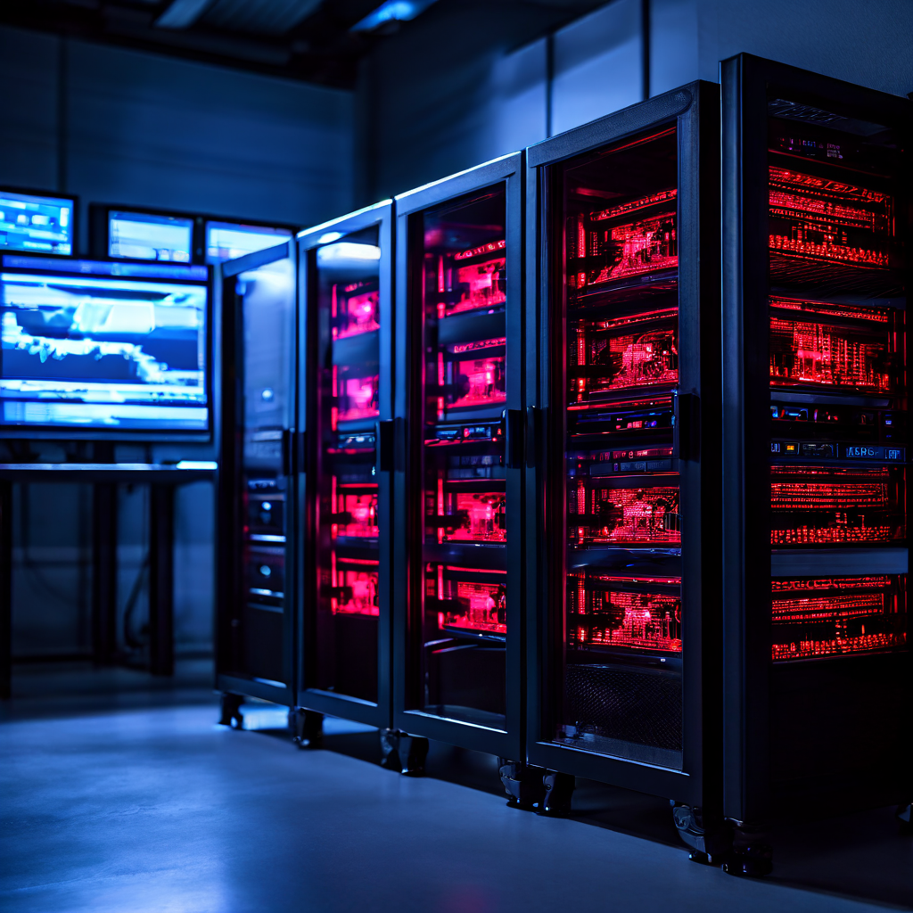 서버 랙에 고장 난 모니터는 빨간 경고등이 깜박이며 오류 메시지가 멈춰 있고, 다른 화면들은 정상적으로 작동하는 모습이다.