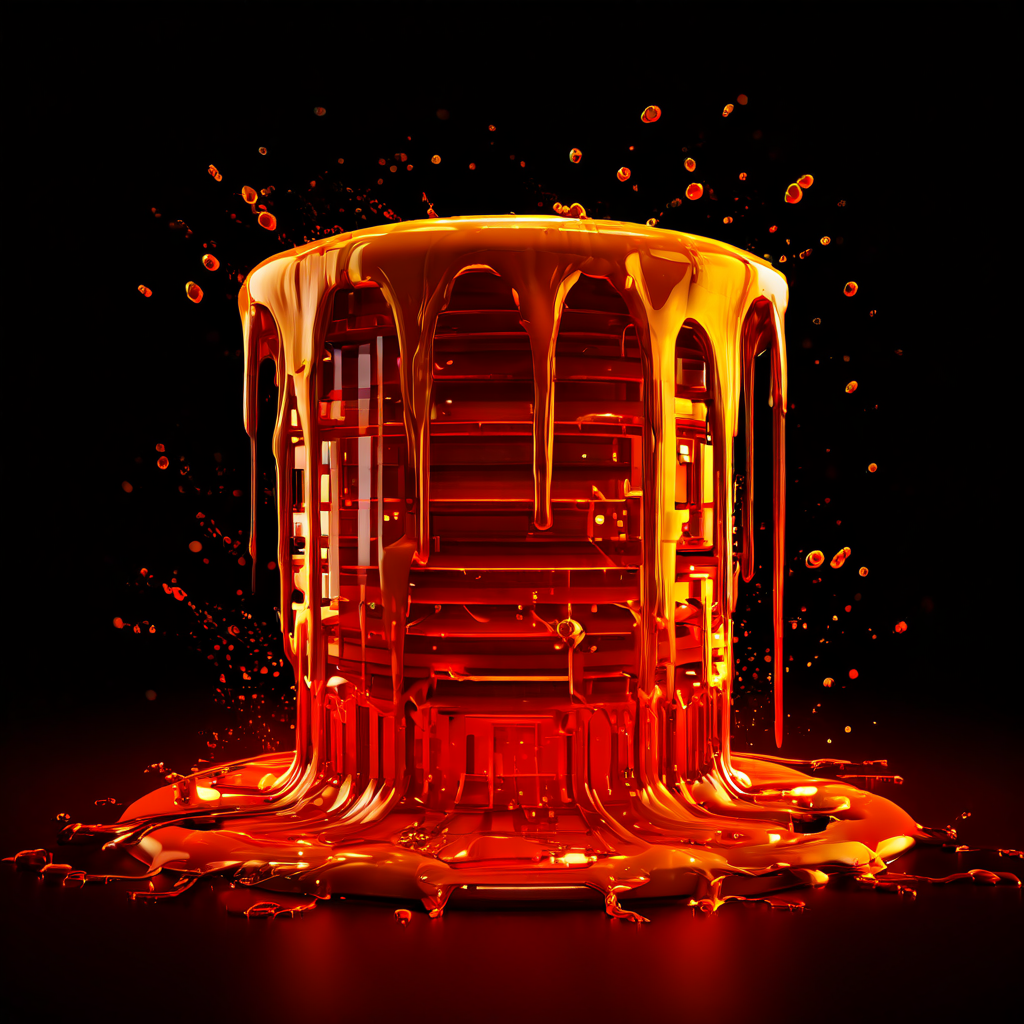 데이터베이스 서버에 빨간색 경고 표시가 켜져 있으며, 포트에서 걸쭉한 꿀처럼 느리게 데이터가 유출되는 것을 시각적으로 표현한 디지털 개념 이미지입니다.