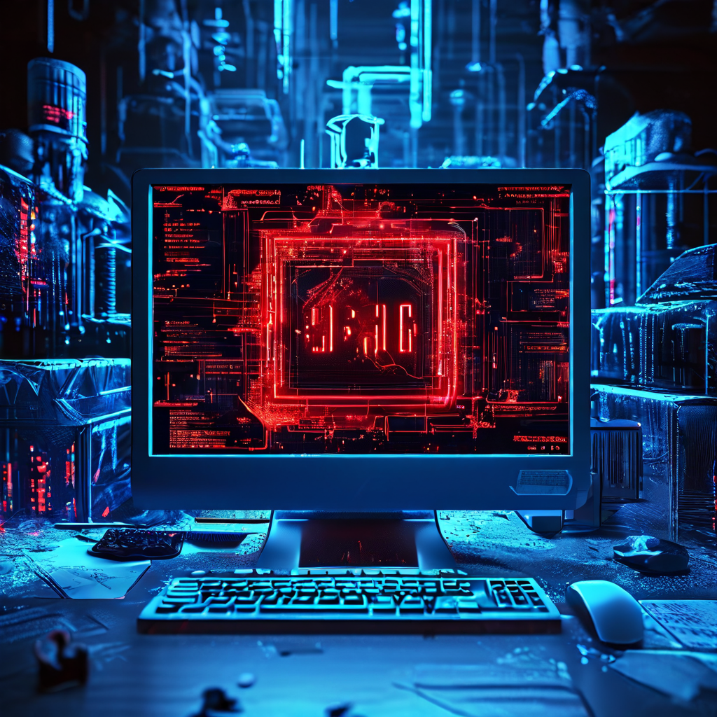 화면이 멈춘 컴퓨터 모니터에 로딩 아이콘이 고정되어 있고, 주변으로 깨진 디지털 잔상과 경고 표시가 흩어져 있는 모습이다.