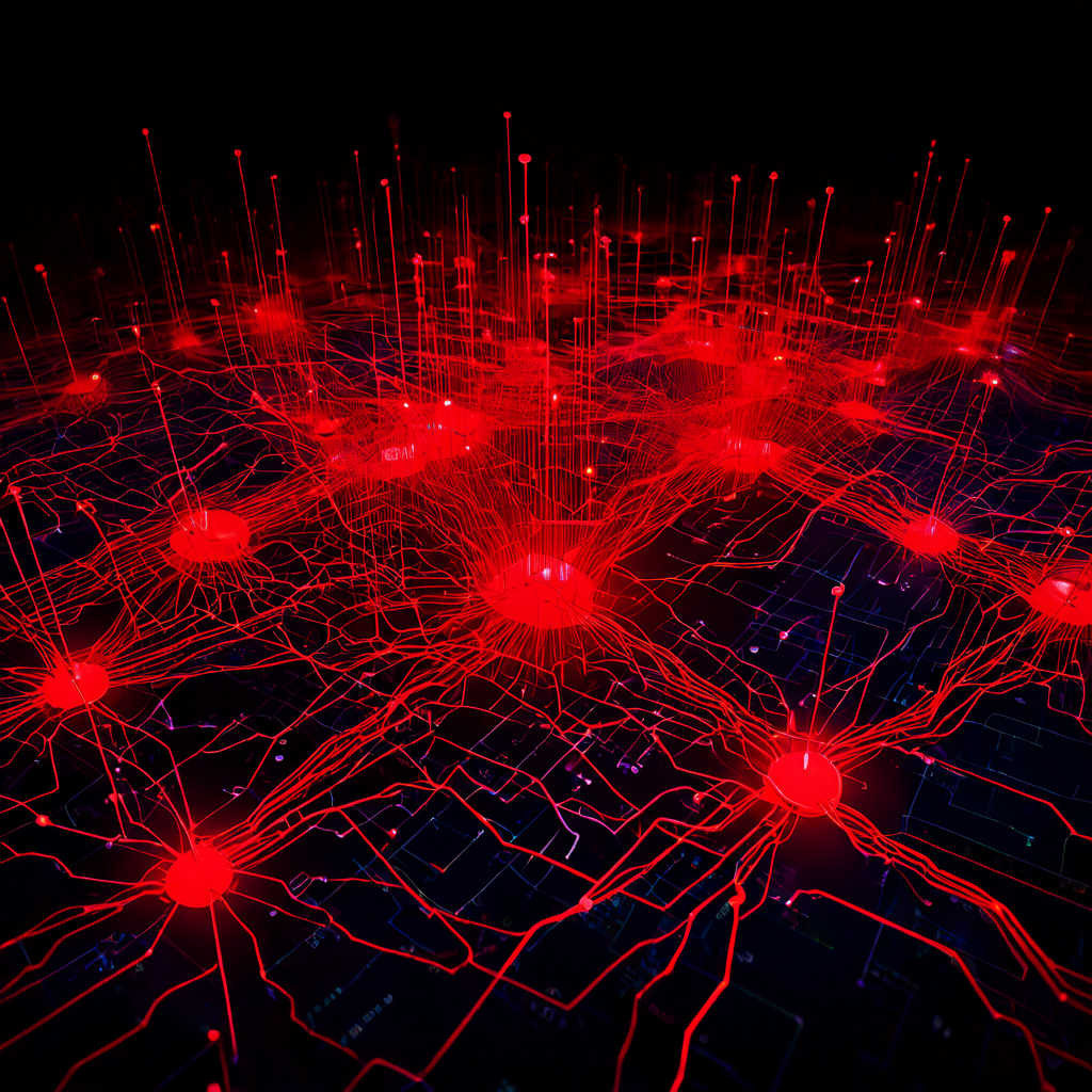 복잡한 네트워크 구조 중심에 빨간색 데이터가 격렬하게 쇄도하며 연결점을 압도하는 모습이다.