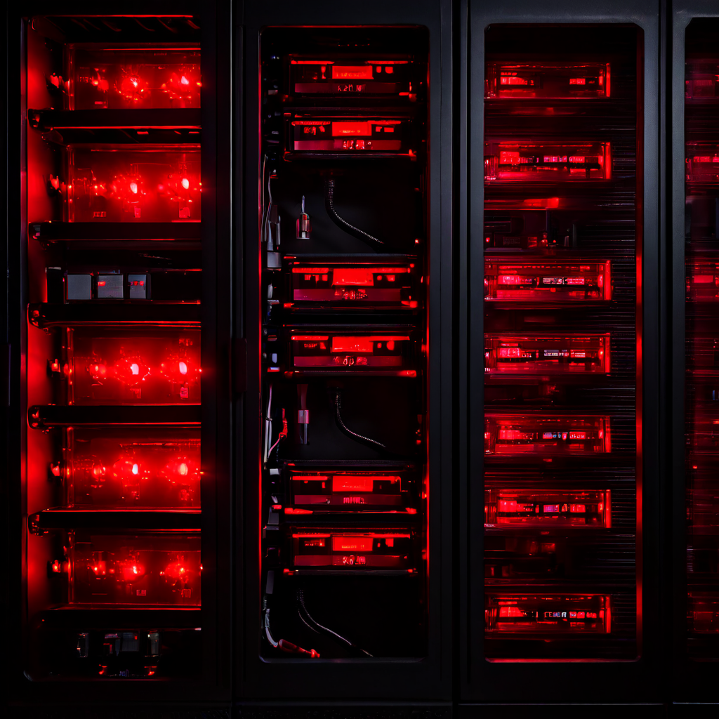 서버 랙에 빨간 경고등 하나만 켜져 있고 나머지 모든 상태 표시등은 꺼져 반응이 없는 모습이다.