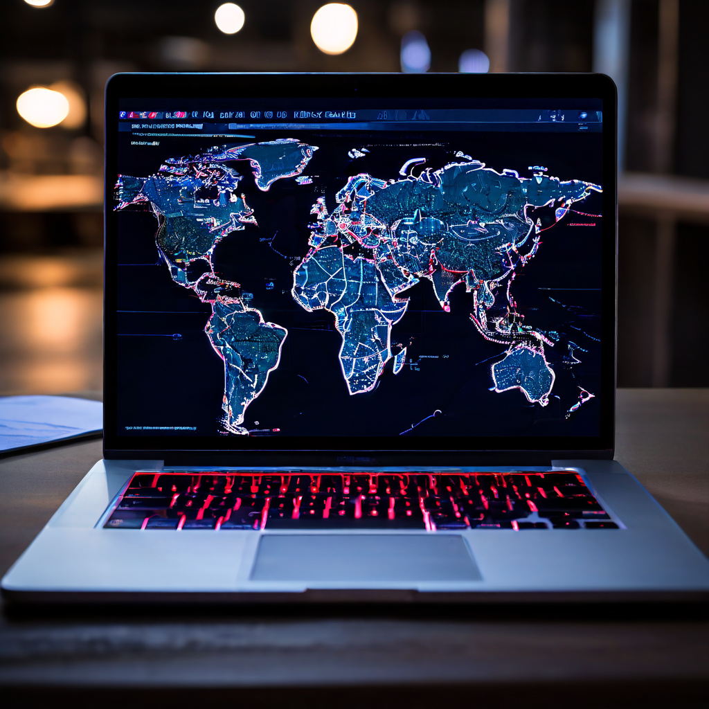 노트북 화면에 두 개의 빛나는 핀이 대각선으로 떨어져 있고, 그 사이를 붉은 점선이 연결한 지도가 표시된 모습이다.